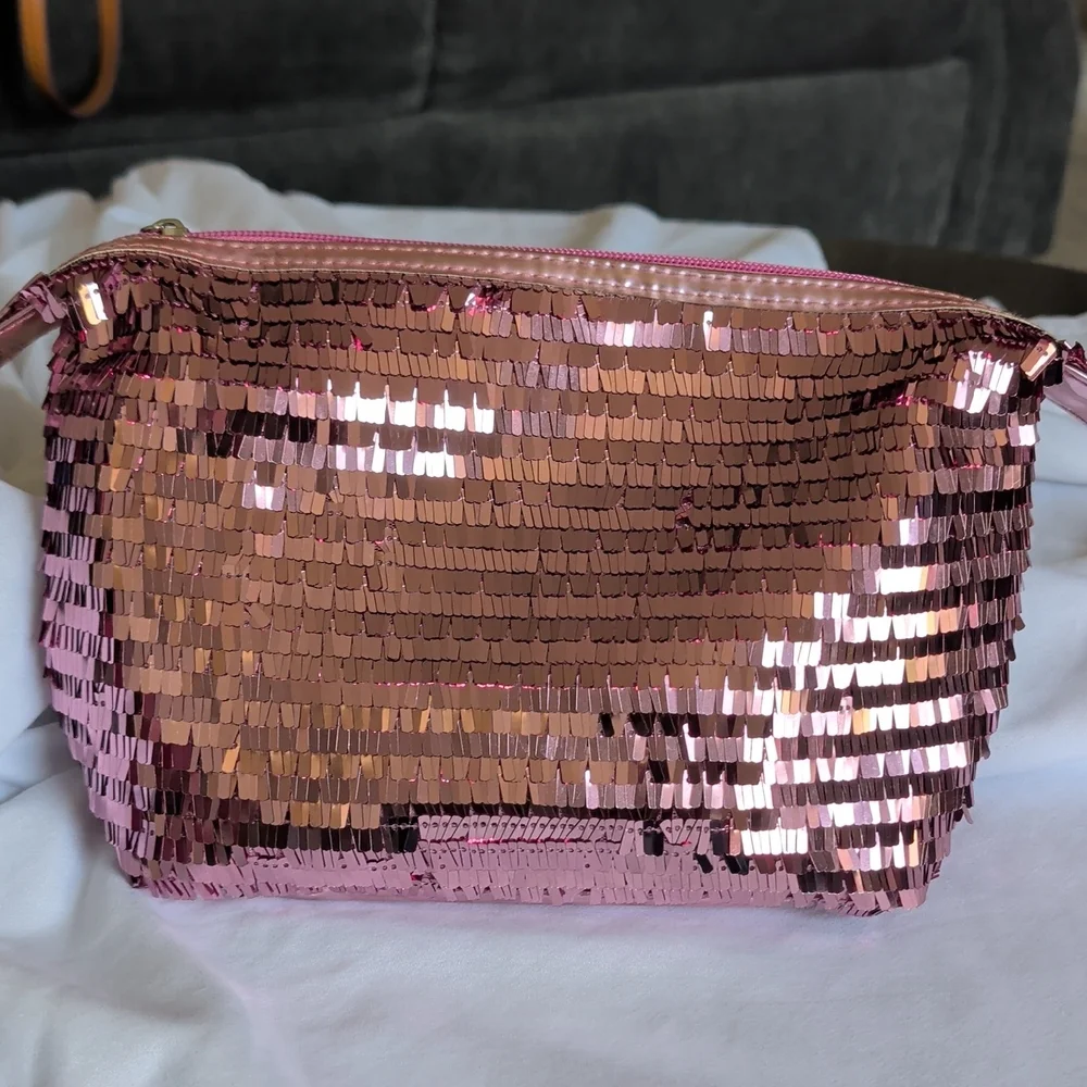Pink Sequin Cosmetic Bag with Zip Closure